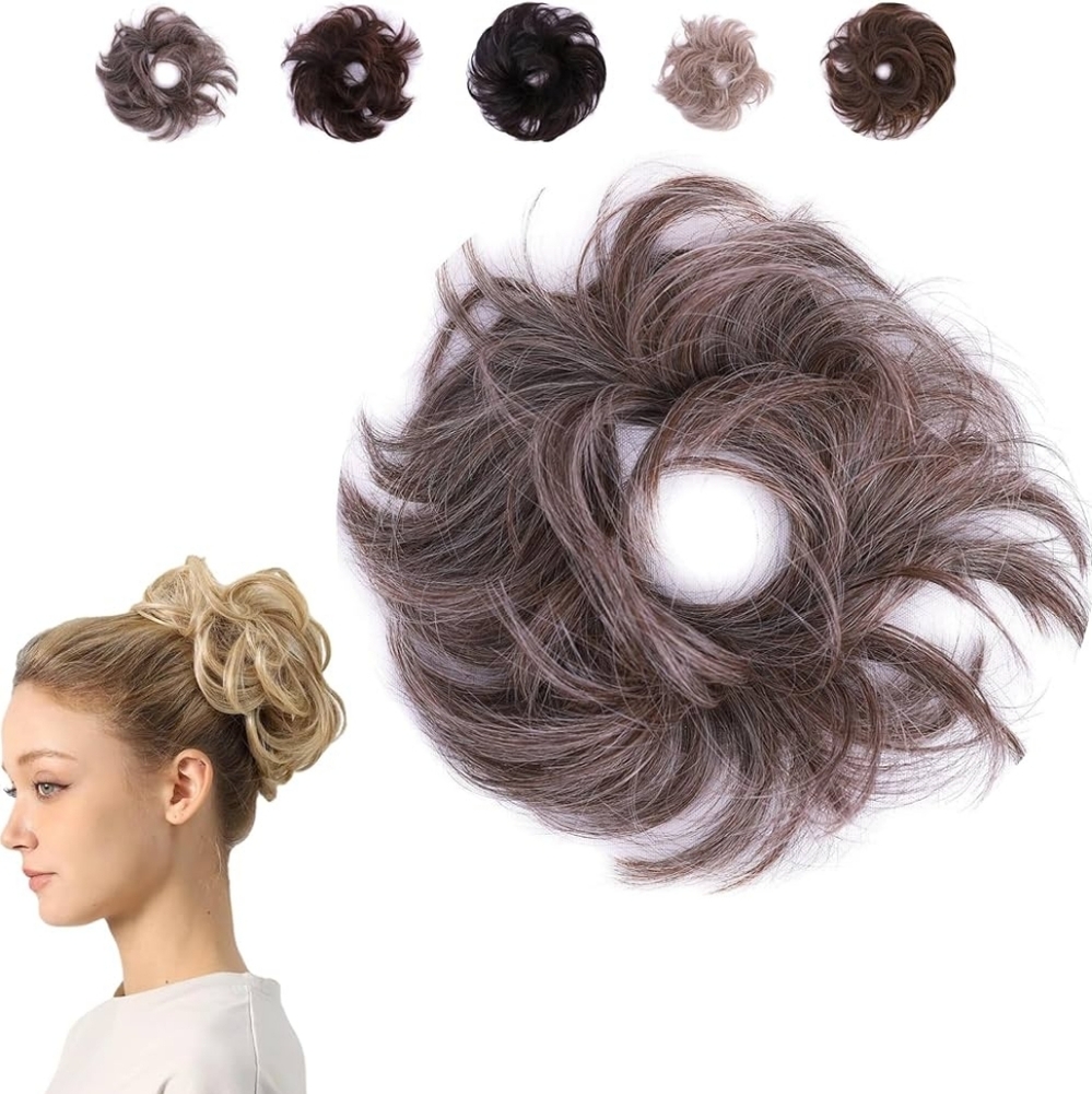 Juva Bun Ash Brown Hair Extensions 2 Messy Buns Scrunchies & 2 Clip  Ponytails